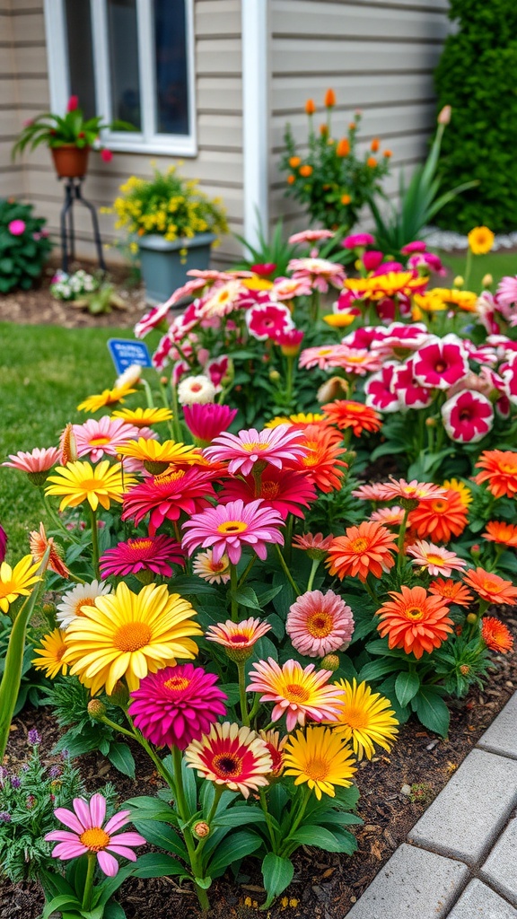 Colorful seasonal flower beds featuring pink, orange, and yellow flowers in a small side yard.