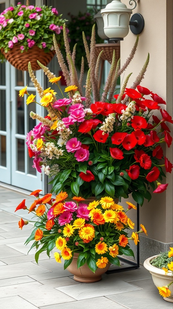 A vibrant display of seasonal flowers in various colors on a patio, including red, pink, yellow, and orange blooms.