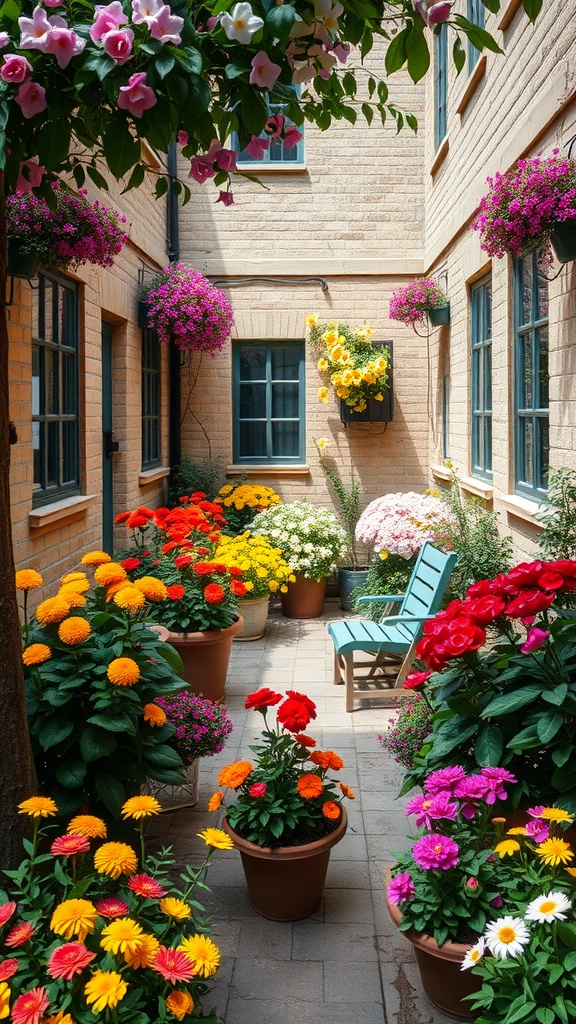 Colorful seasonal flower display in a small courtyard with potted plants and a chair.