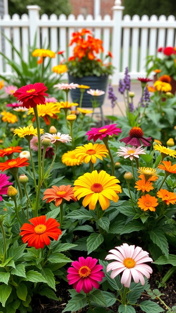 A vibrant display of seasonal flowers including daisies, gerbera daisies, and roses in various colors.