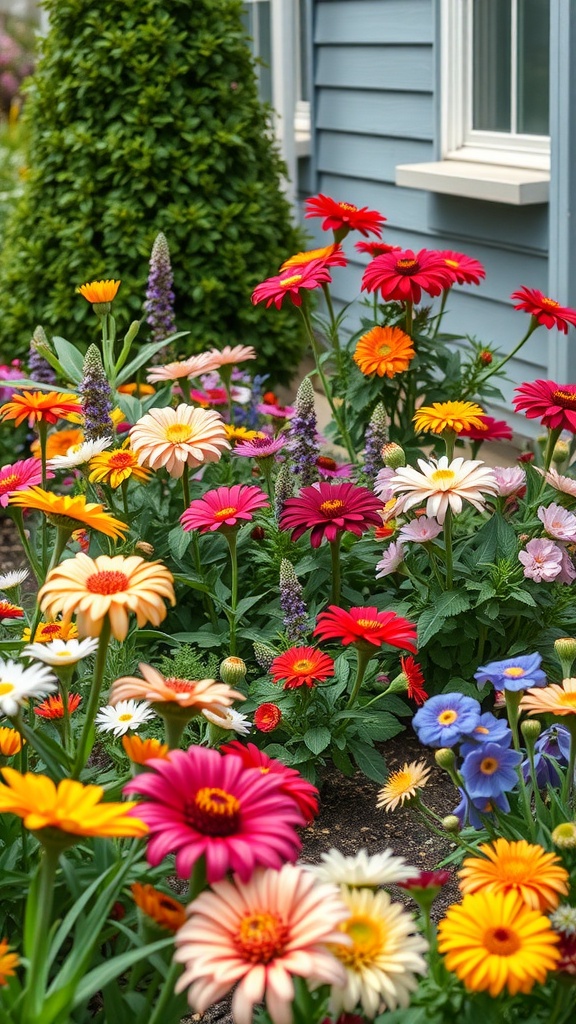 A vibrant side yard filled with colorful seasonal flowers including gerberas and daisies.