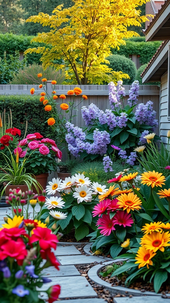 Colorful seasonal flower arrangements in a backyard garden.