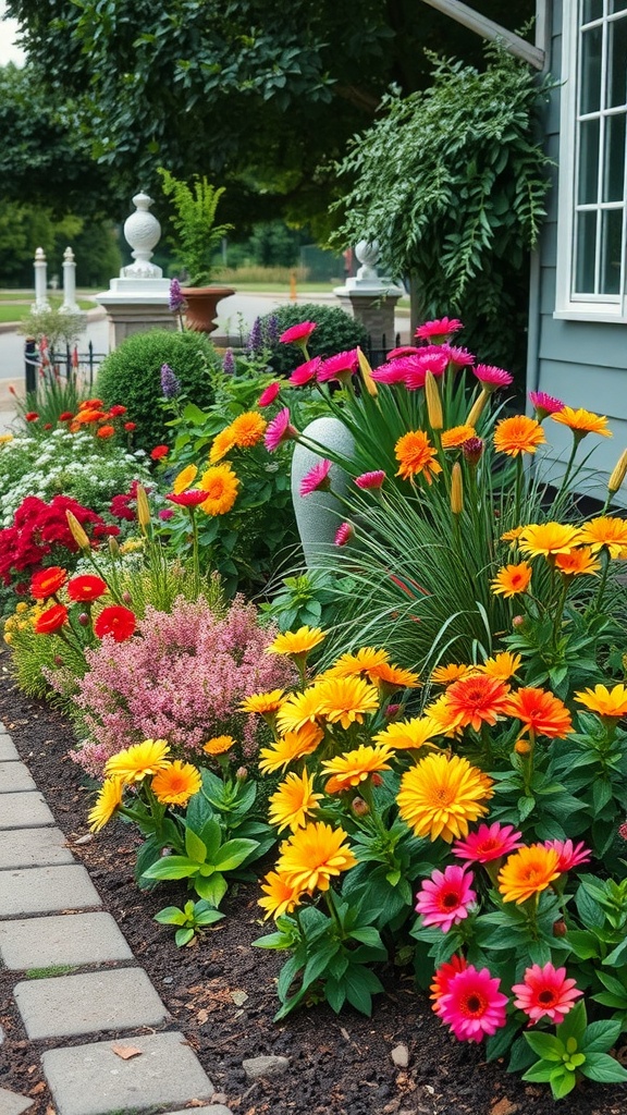 Colorful side yard garden with a variety of flowers including marigolds, daisies, and other seasonal plants.