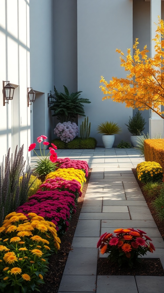 A colorful flower arrangement along a driveway with a modern stone pathway.