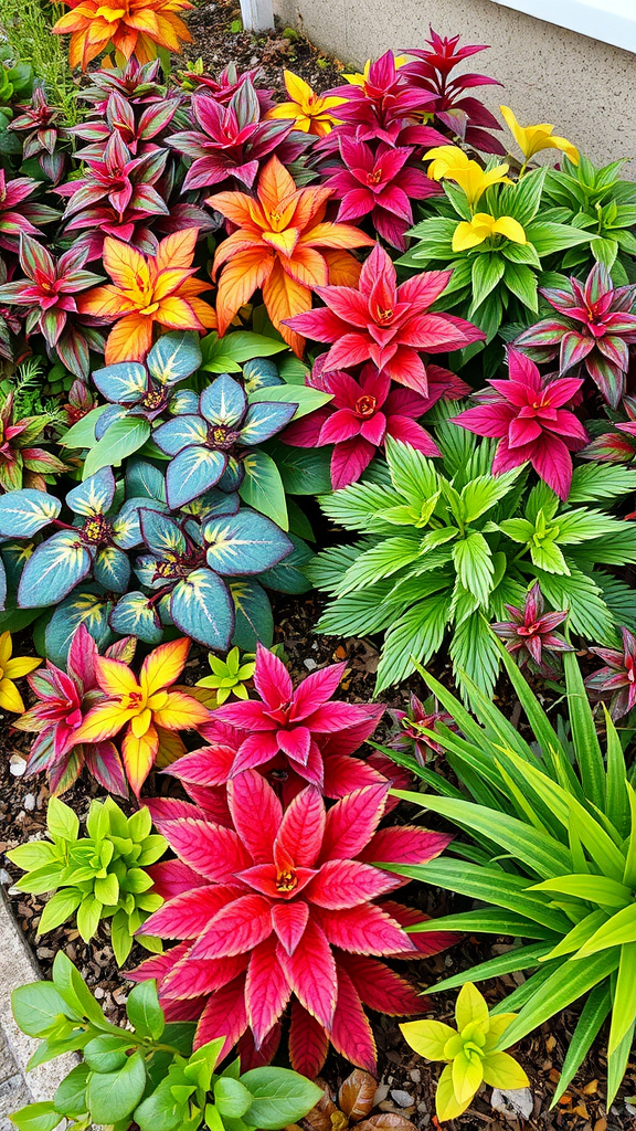 A colorful garden featuring red, yellow, and green flowers, demonstrating seasonal planting strategies.