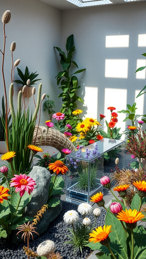 A colorful sensory garden with various flowers, plants, and stones.