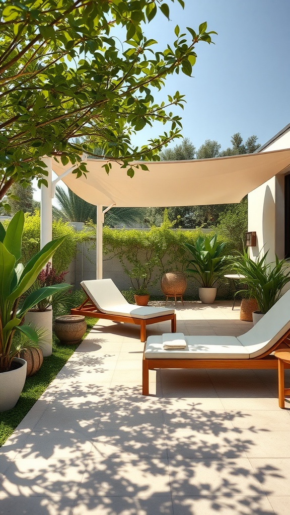 A cozy side yard with lounge chairs, a shade canopy, and lush greenery