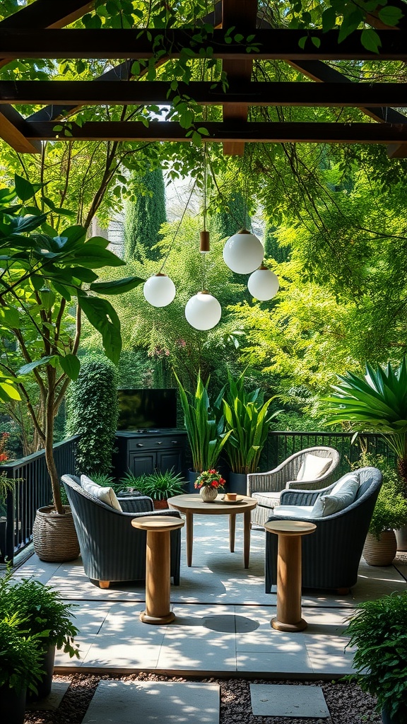 A serene outdoor seating area surrounded by lush plants, featuring comfortable chairs and hanging lights.