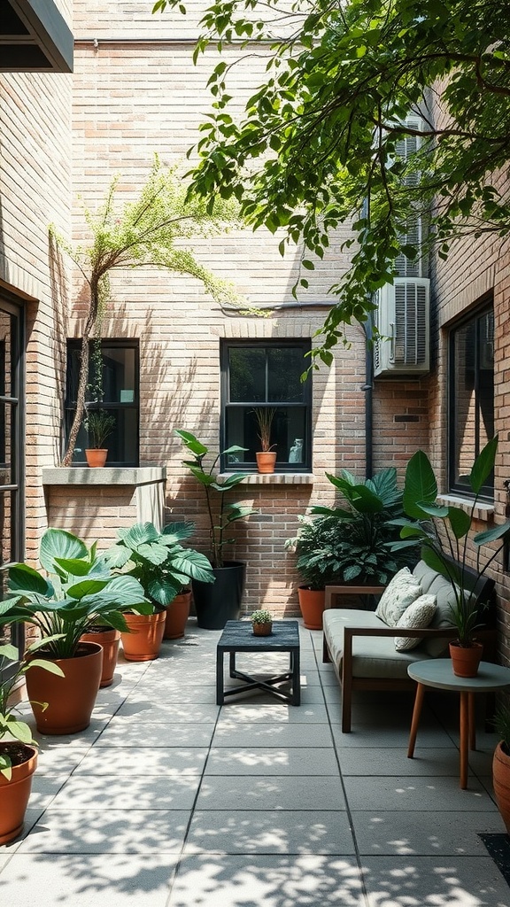 A small courtyard garden with shaded plants, brick walls, and a cozy seating area.