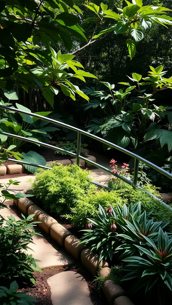 A shaded garden path with lush plants in a sloped backyard