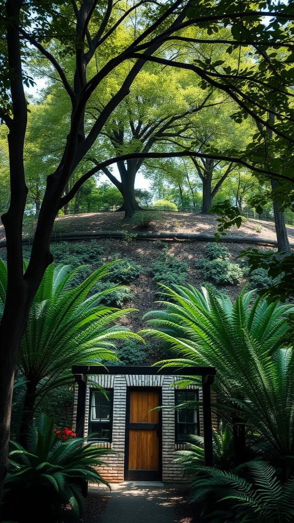 A shaded garden with a path, lush ferns, and a cozy structure under large trees.