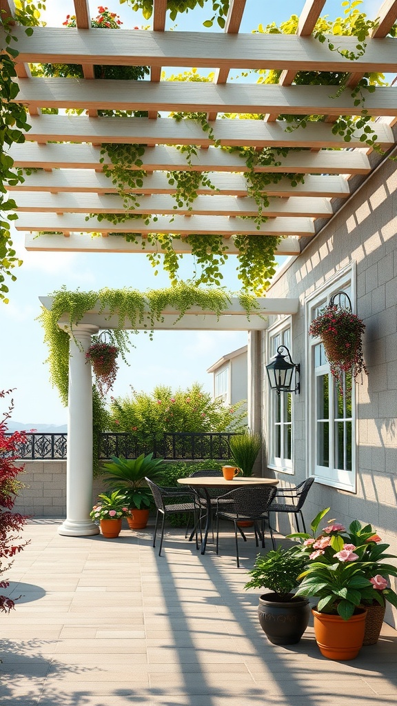 A patio garden featuring a pergola with hanging plants, a small dining table, and surrounding potted plants.