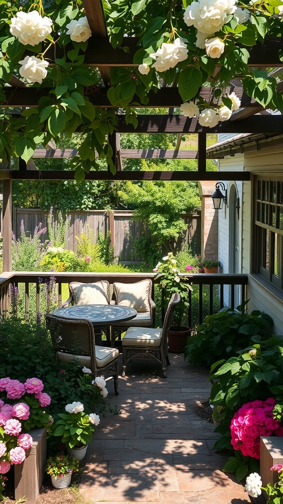 A cozy garden seating area under a pergola covered with white flowers, surrounded by colorful blooms.