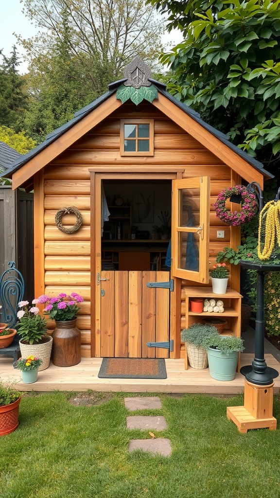 A charming wooden garden shed surrounded by flowers and greenery