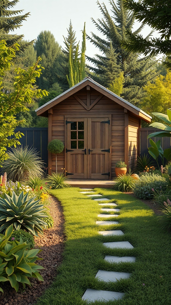 A wooden garden shed surrounded by lush greenery and a stone pathway.