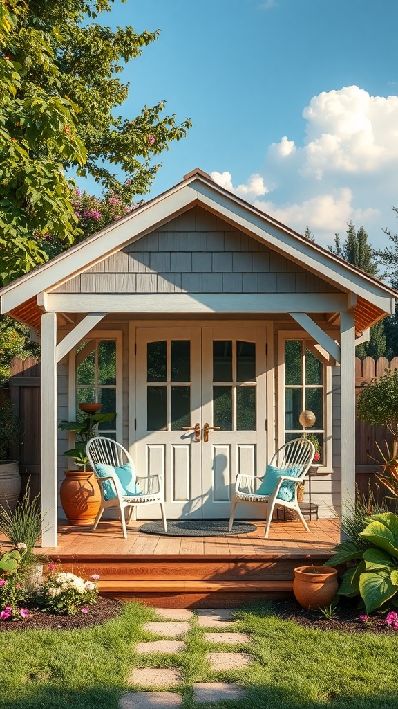 A charming garden shed with a veranda, featuring two inviting chairs, surrounded by greenery and flowers.