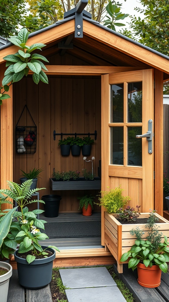 A wooden garden shed with built-in planters and greenery surrounding it.