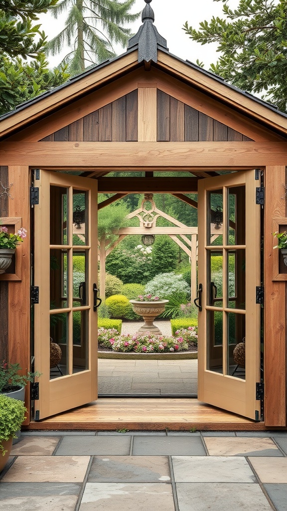 A charming garden shed with French doors leading to a beautiful garden.