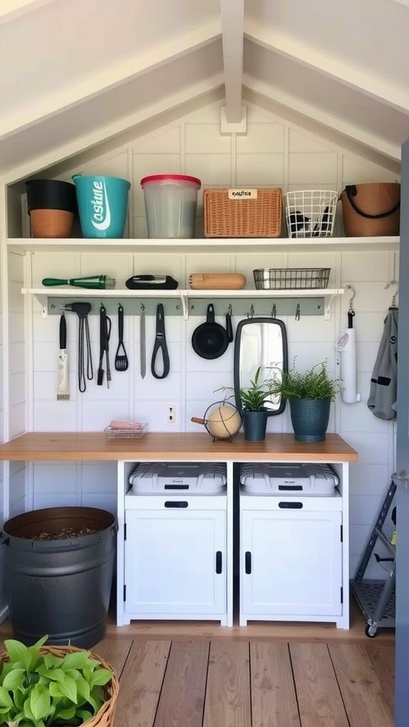 Interior of a garden shed with wooden walls, shelves holding tools and plants, and a warm atmosphere.