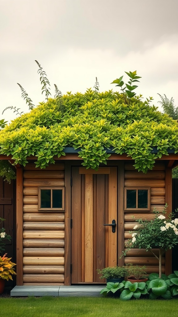 A wooden garden shed with a green roof covered in lush plants.