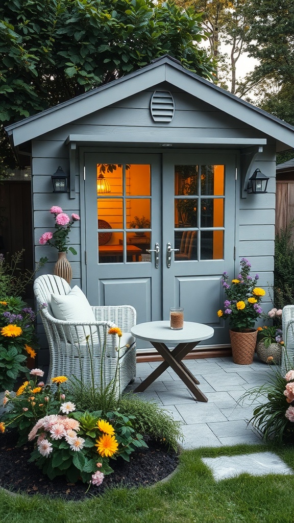 Garden shed with outdoor seating area, featuring two chairs and colorful flowers.