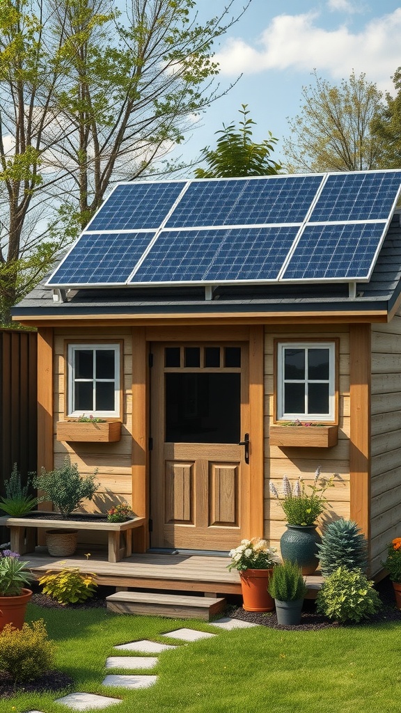 Garden shed with solar panels on the roof, surrounded by plants and a stone pathway.