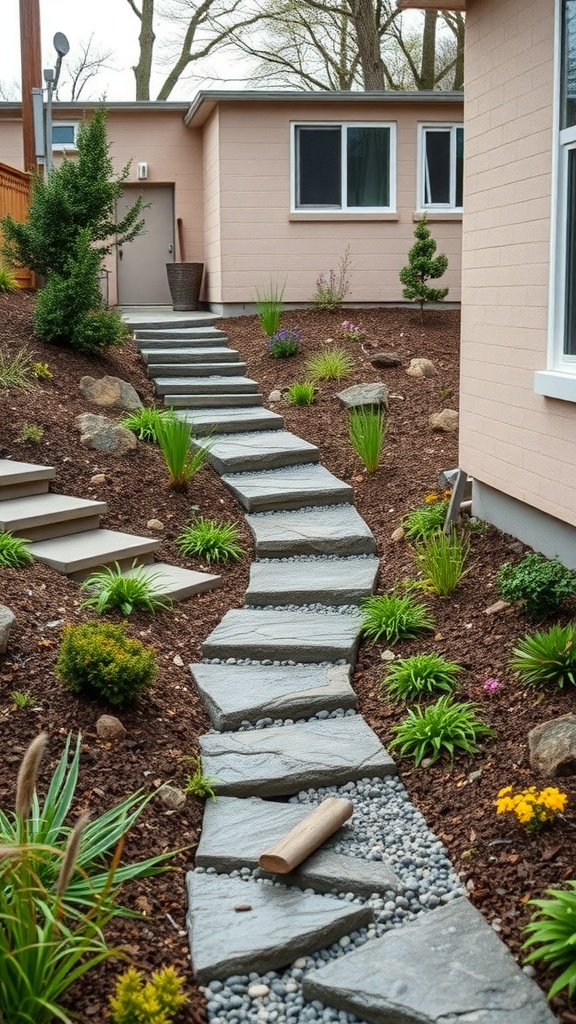 A sloped backyard with stone pathway, plants, and gravel for drainage