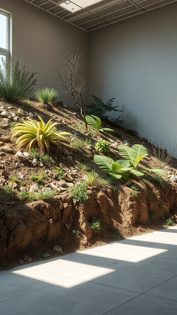 A landscaped hill with various plants and rocks, demonstrating slope erosion control.