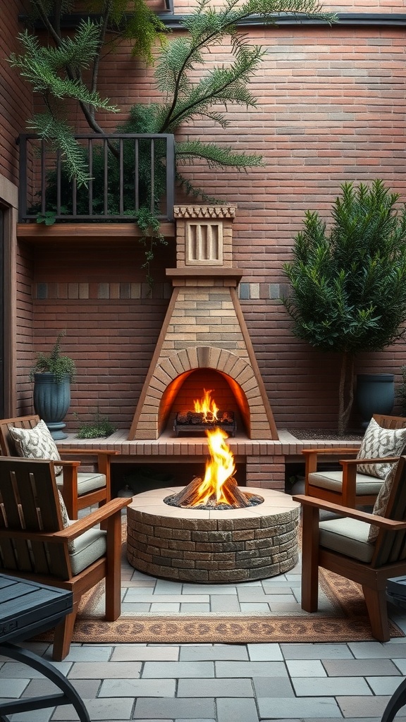 Cozy courtyard featuring a small brick fireplace and comfortable seating around a circular fire pit.