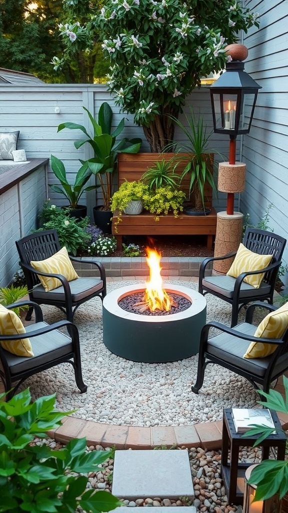 Cozy courtyard with a fire pit surrounded by chairs, plants, and decorative lights.