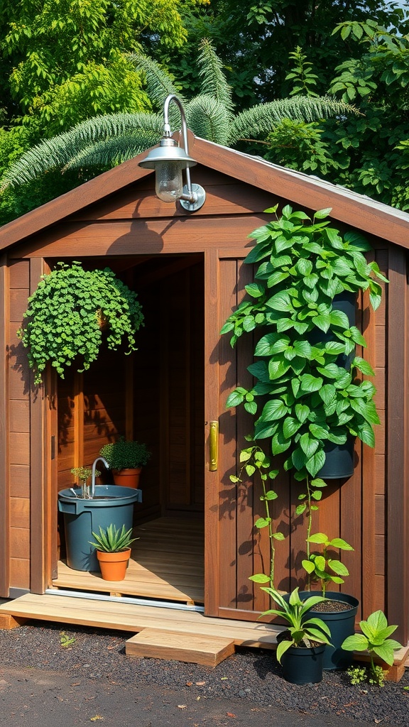 A wooden garden shed with lush vertical plants and potted greenery at the entrance.