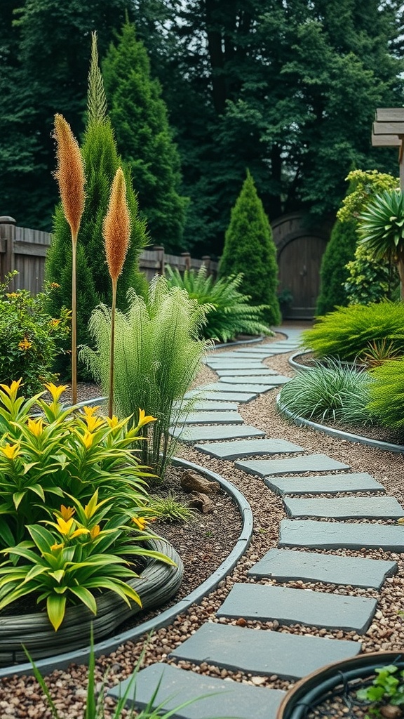 A well-designed Florida garden with resilient plants and a stone pathway.