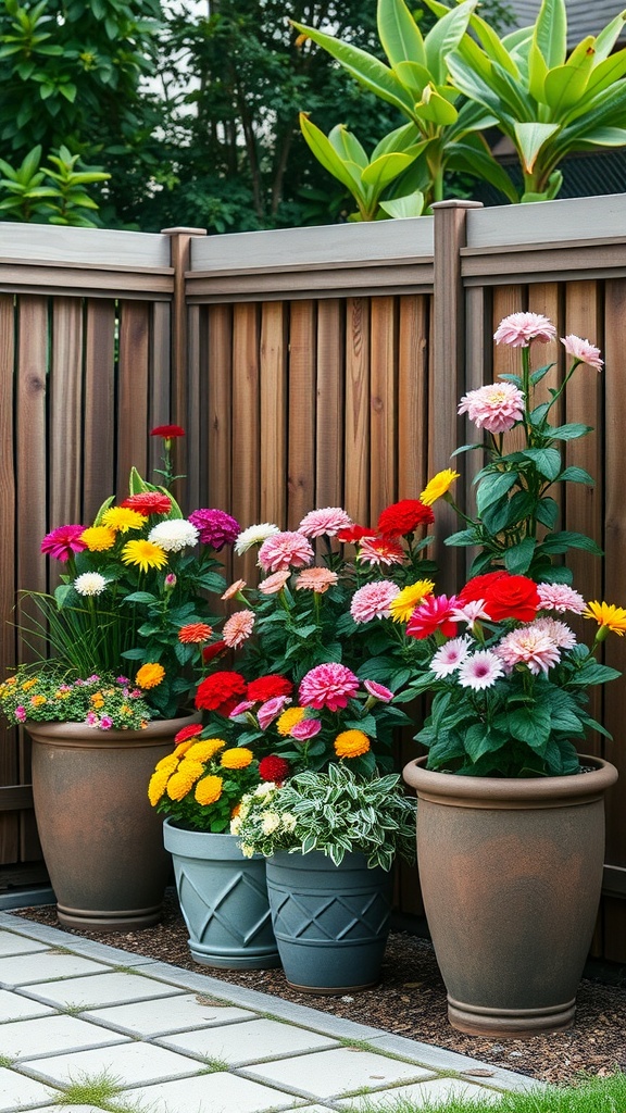 Colorful flower planters placed near a wooden fence in a backyard