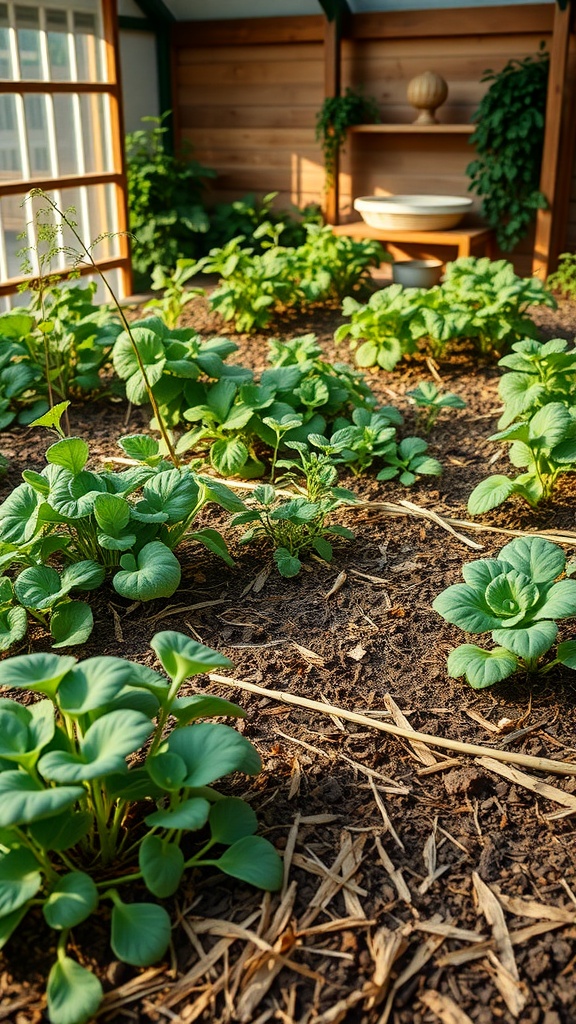 A vibrant vegetable garden with straw mulch spread around the plants.