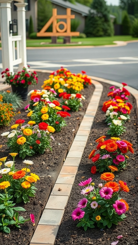 Colorful flower beds with a brick pathway along a driveway