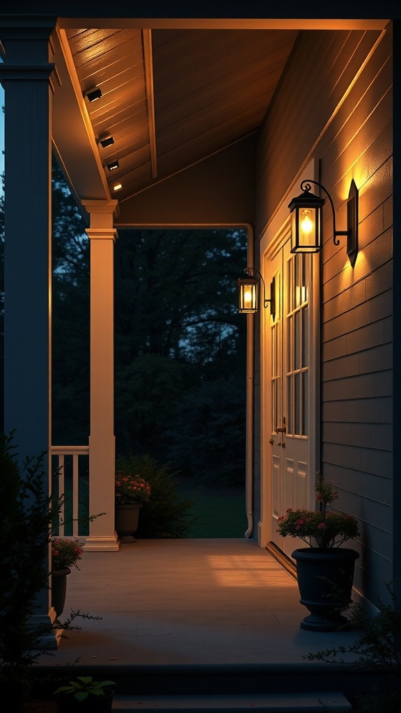 Front porch with stylish sconce lighting and plants