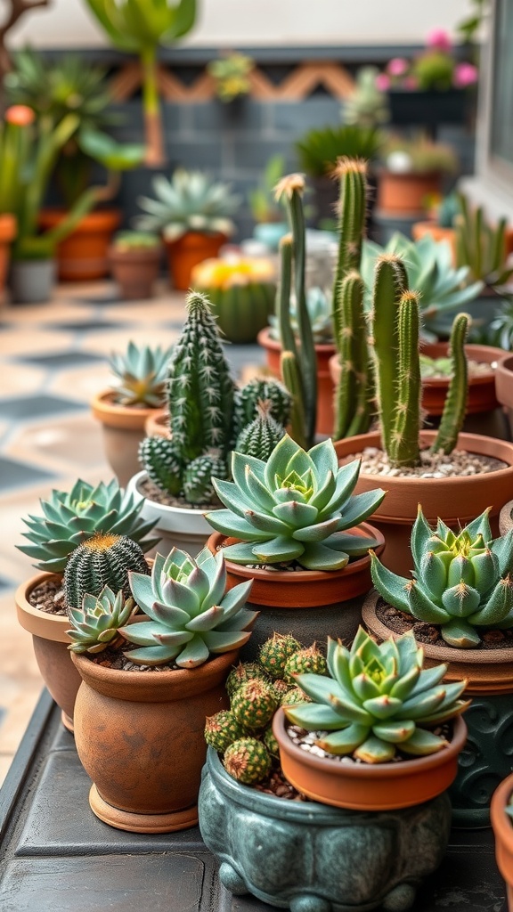 A variety of succulents and cacti in decorative pots arranged on a patio.