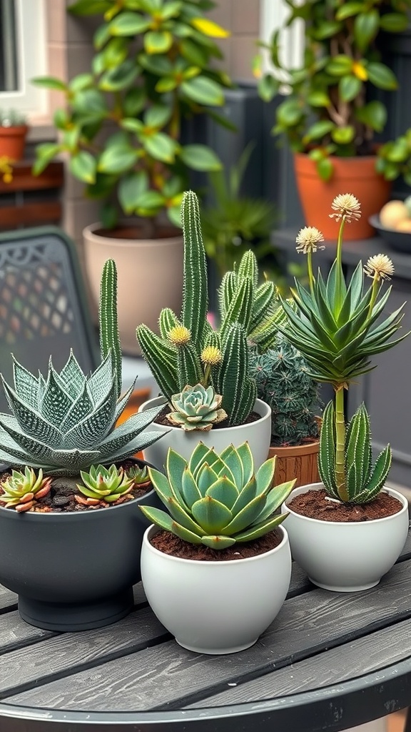 An arrangement of various succulents in stylish pots on a patio table, showcasing different shapes and colors.