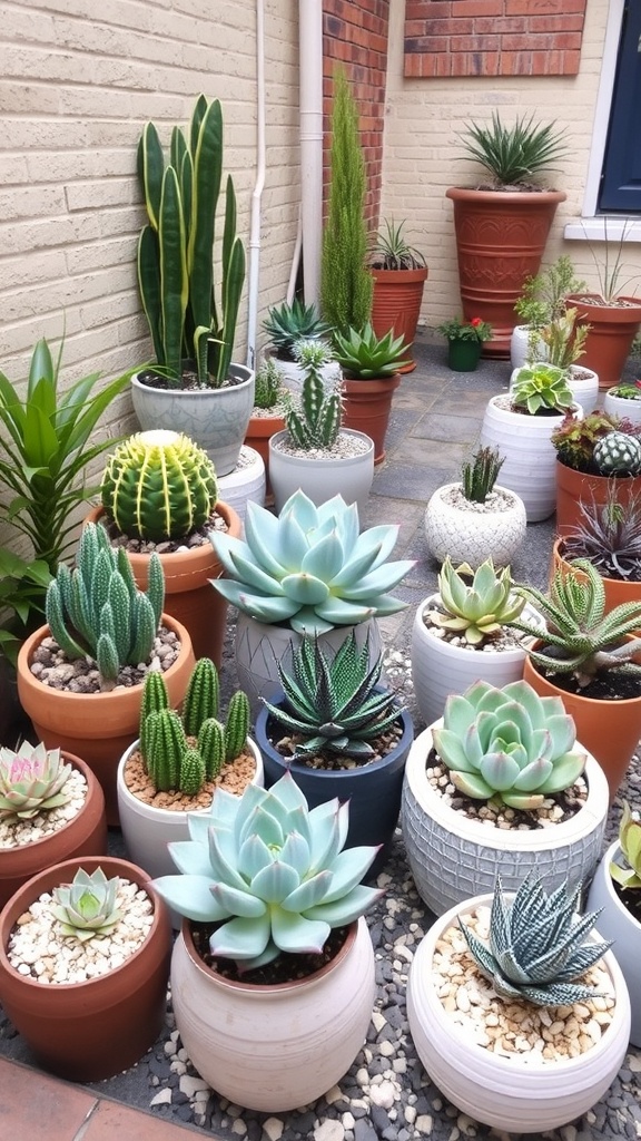 A vibrant display of various succulents in colorful pots arranged in a small courtyard garden.