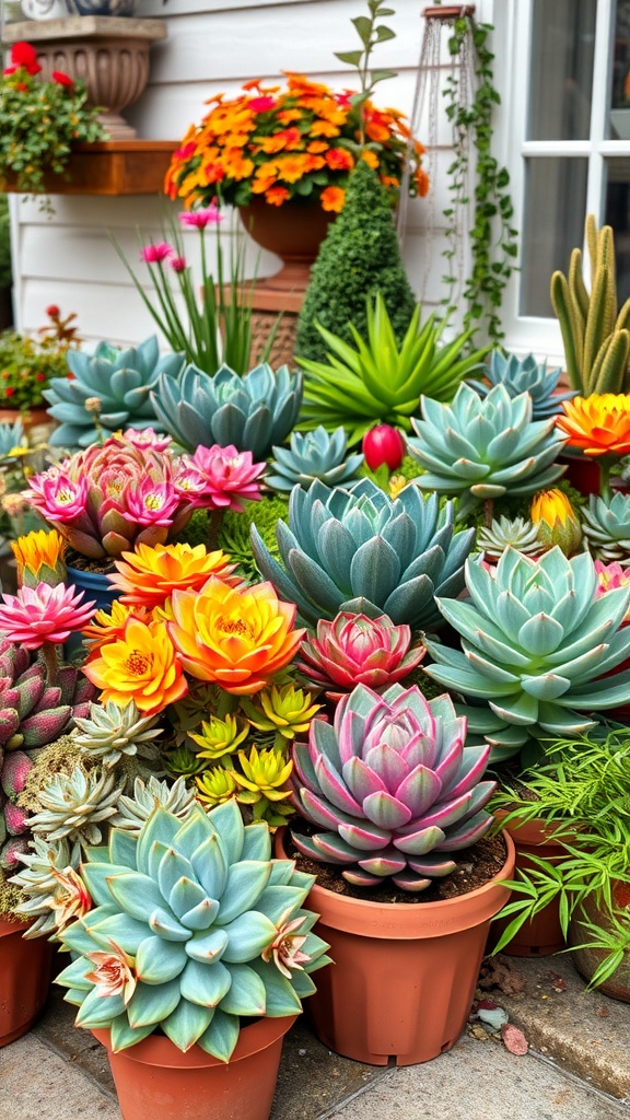 A vibrant display of colorful succulents in various pots, showcasing a beautiful low-maintenance garden idea.