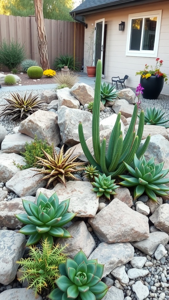 A vibrant display of succulents among rocks in a desert landscape