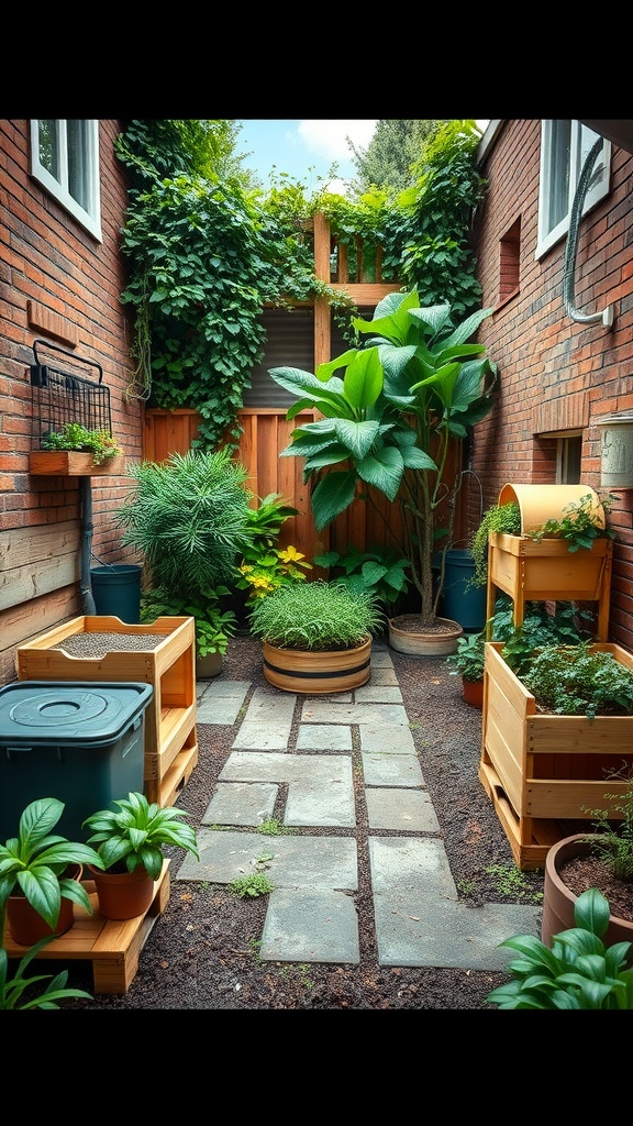 A small courtyard filled with various plants in wooden planters, featuring stone pathways and lush greenery.