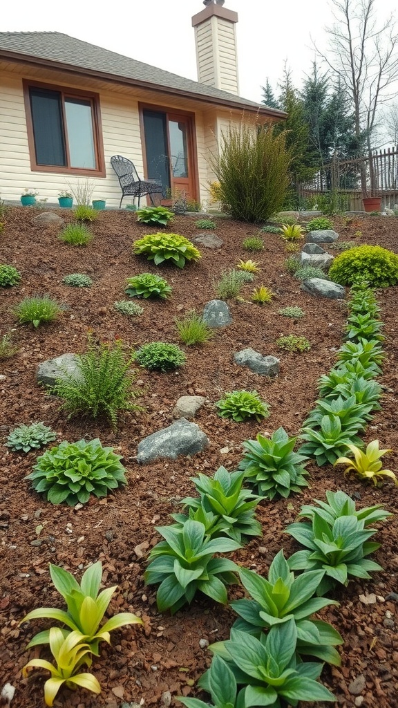 A landscaped sloped backyard with various plants and mulch.