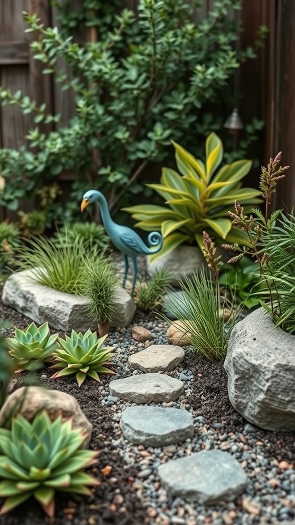 A sustainable tiny backyard with a stone pathway, succulent plants, and a blue bird statue.