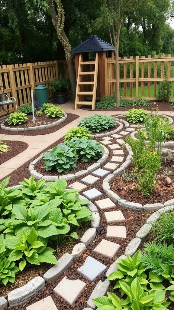 A sustainable Florida landscaping design featuring native plants, stone pathways, and a tidy storage shed.