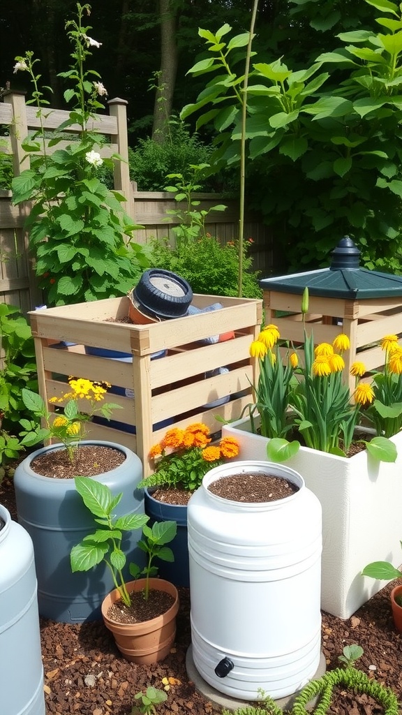 A small garden featuring rain barrels, sunflowers, and stone pathways.