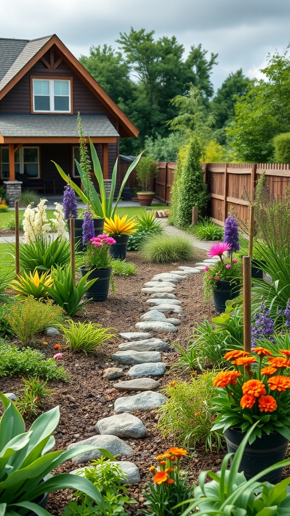 A colorful rain garden with a stone pathway leading through vibrant flowers and plants.