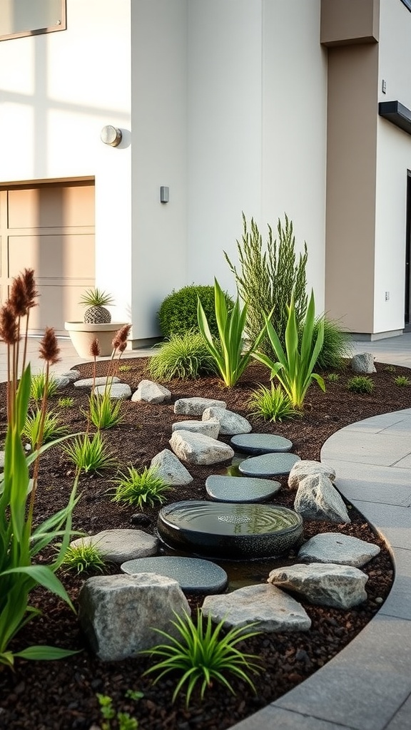 A sustainable rain garden with plants, stones, and water features, enhancing driveway landscaping.