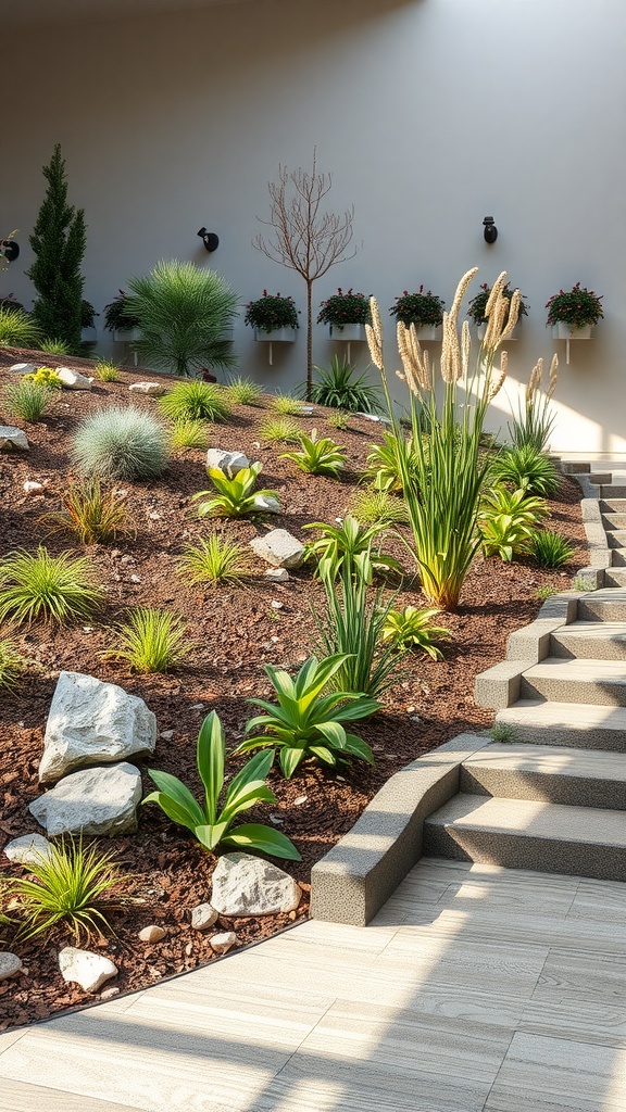 A hillside garden featuring various plants and steps for easy access.