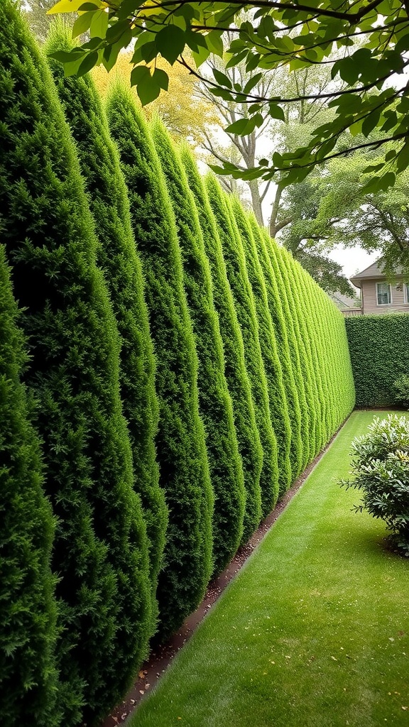 A row of tall evergreen hedges providing natural privacy in a backyard.